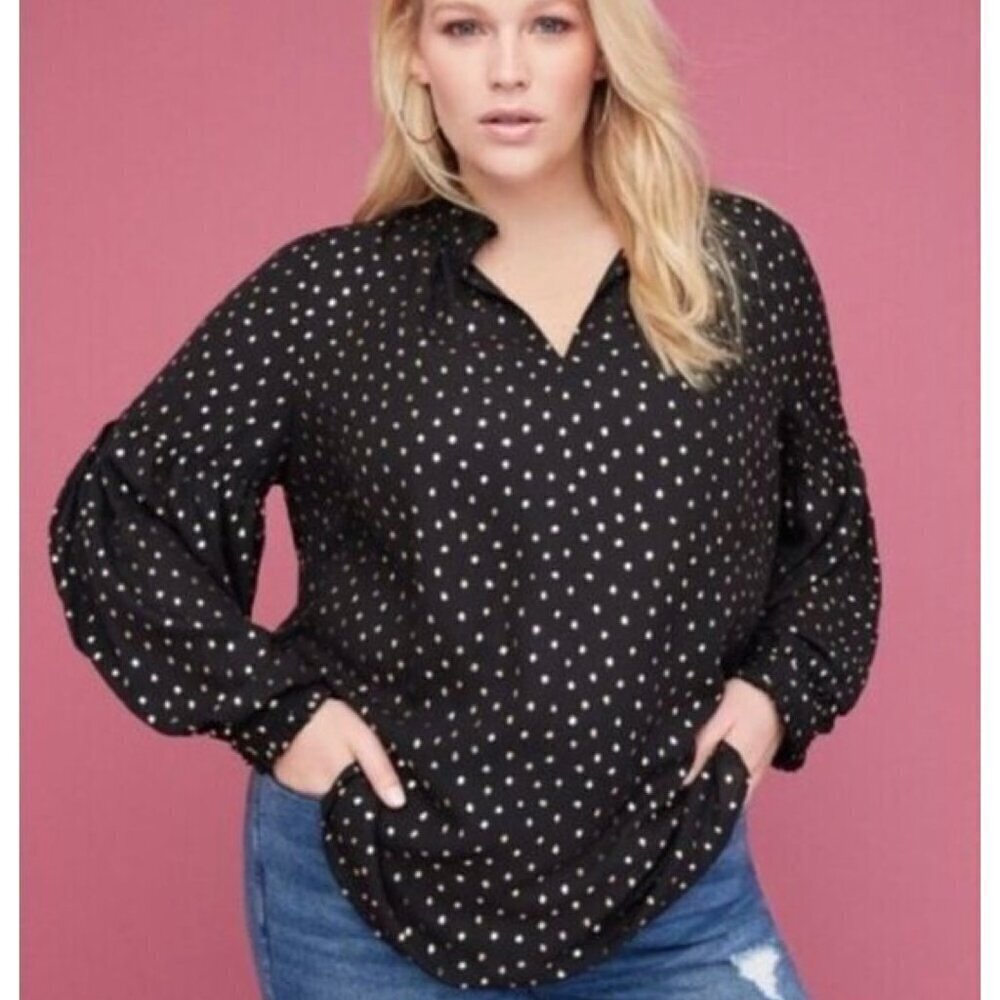 NWT Lane Bryant Black Gold Metallic Polka Dot V-Neck Blouse